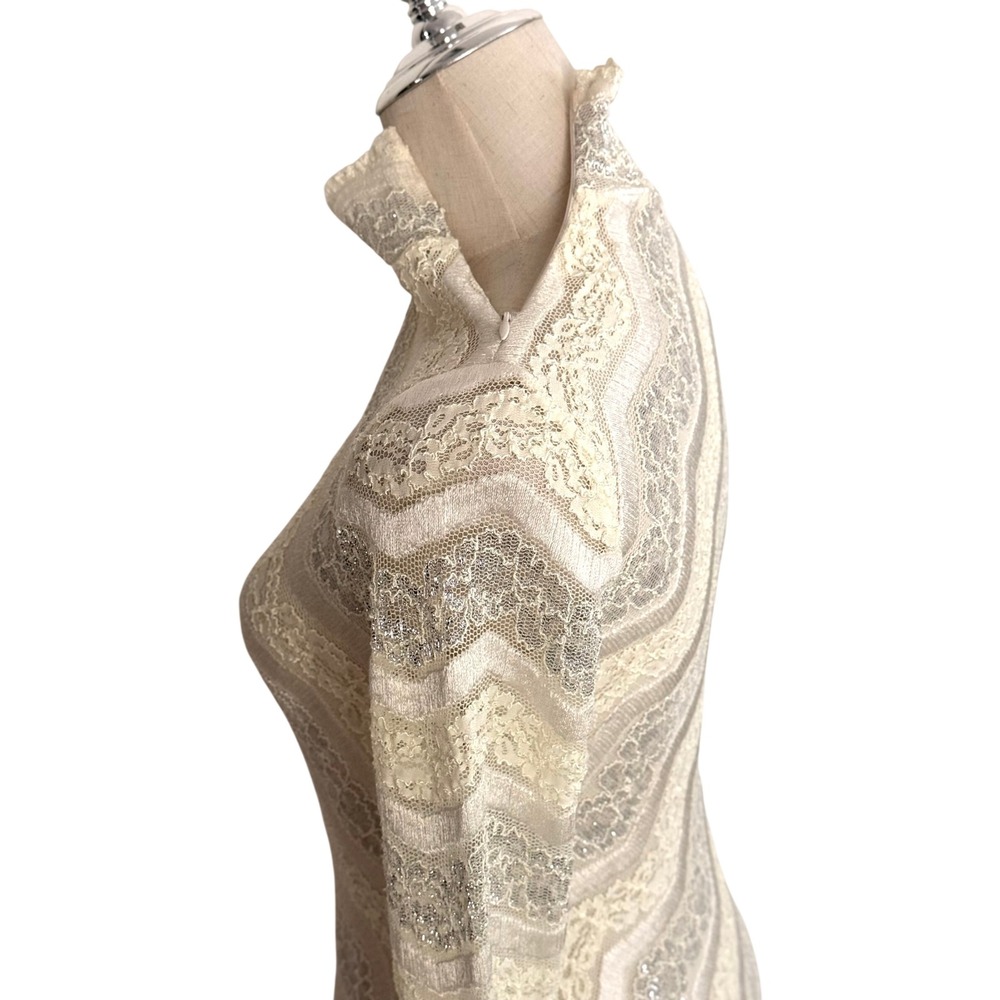 VTG Y2K Cache Cream Lace Top Metallic Silver Thread Lace Mock Neck Size Small - Picture 2 of 7